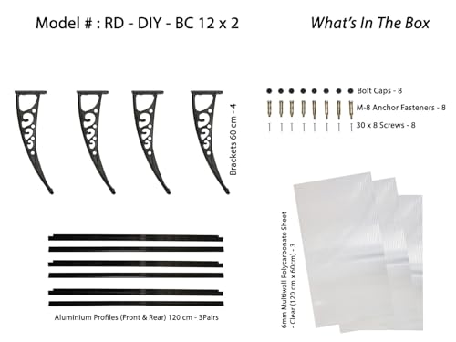 Image of CHENNAI Window Blinds and Shades DIY Polycarbonate Awning (Engineered Plastic Brackets) Window Sunshade Door Weather Shed Rain Canopy Awnings - 12'Widthx2'Depth (Black Brackets & Clear Sheets)