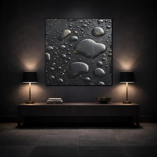 Tableau abstrait gouttes or et noir 60x60 cm pour salon moderne - 3