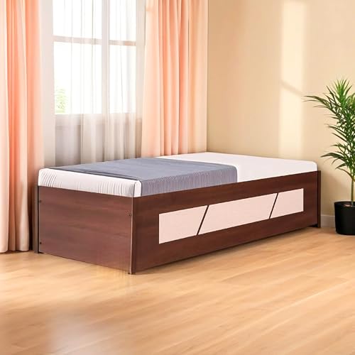 Image of CASPIAN Single Bed Engineered Wood 72 x 36 inch (Walnut Brown & White) | Walnut Finish Multipurpose Divan Bed with Storage Box | Wooden Furniture for Home, Living Room & Bedroom