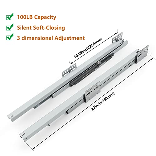 1 Pair Soft Close Drawer Slide 22 Inch Heavy Duty Drawer Slides 3 Section Full