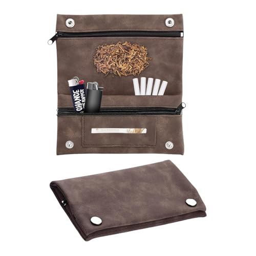 GUOYOU Tobacco Pouches Premium Leather Tobacco Pouch Handmade Cigarette Case Bag Waterproof Portable Tobacco Bag with Magnetic Buttons and Zip for Fathers Day Gift (Brown)