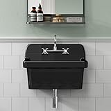ELLAI Wall Mount Utility Sink Wall Mounted Laundry Tub Ceramic Farm Style High Back Farmhouse Sink Glossy Black 24' x 19' x 16.5'