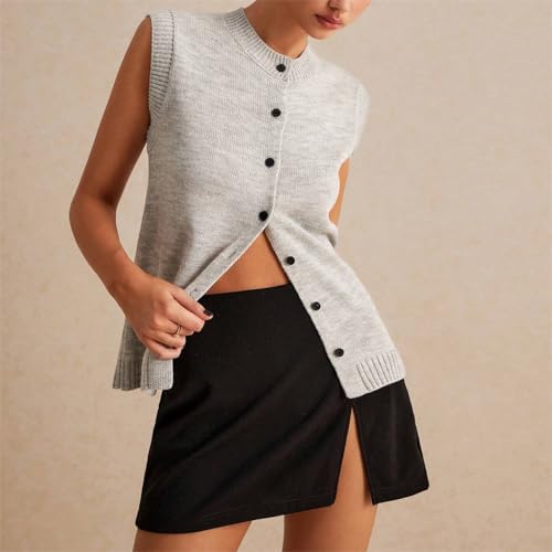 Image of Women Button Down Knit Sweater Vest Casual Loose Fit Crew Neck Sleeveless Button Front Knitted Sweater Cardigan