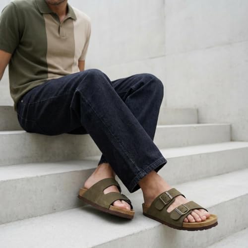 Image of CUSHIONAIRE Lane Cork Footbed Mens Sandals, Adjustable Buckle Comfort Slides for Men, Genuine Leather Insole Summer Sandals Men Footwear