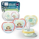 Philips Avent Ultra Air Nighttime Pacifiers - Orthodontic Design, for Babies 0-6 Months, Glow in The Dark, Soft Silicone Symmetrical Nipple, BPA-Free, 2 Sterilizing Cases, 4 Pack, SCF376/35