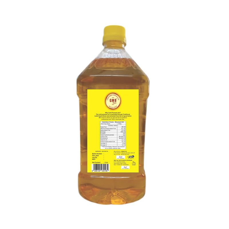 Image of GMB Mart Wooden Cold Pressed Yellow Mustard Oil | 100% Natural & Chemical-Free | Rich in Nutrients for Healthy Cooking, Roasting, Frying & Baking | Daily Use Edible Oil | Fresh & Pure 2 Litre