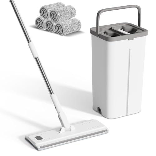 Eukue Mopa Fregona con Cubo Escurridor, Juego de Fregona y Cubo, Mopas de Limpieza Suelos con 5 Almohadillas, Mopa Plana Microfibra con Función Escurridor para Madera Dura Laminado, Blanco