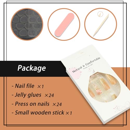 SEMATA Spring Orange Acrylic Press on Nails Medium Long Square Nails Press ons Coffin Summer Cute Glue on Fake Nail with Flower Designs Reusable Artificial Stick on False Nail for Women 24Pcs — view 5