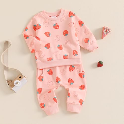 Toddler Baby Girl Clothes Fall Winter Outfits Strawberry Flower Print Long Sleeve Sweatshirt with Pants 2 Pcs Set (L Strawberry, 2-3T)