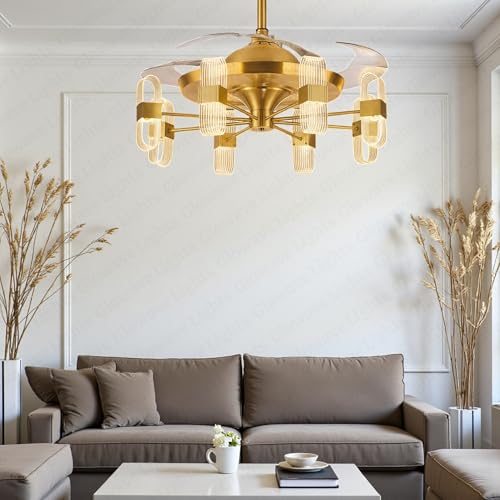 Image of Glowave Golden 42 inch 6 Light Transparent Acrylic Fan with 4 Invisible Retractable ABS Fan Blades Ceiling Fan Light with Remote Control - Tricolour |White, Warm White, Natural White| (7723)