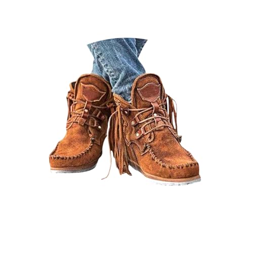 Fringe Cowboy Ankle Boots for Women,Boho Boots,Ethnic Retro Fringe Rivet Slip on Ankle Booties,Womens Solid Color Lace Up Round Toe Chunky Bottom Heels Low Top Short Booties Casual Warm