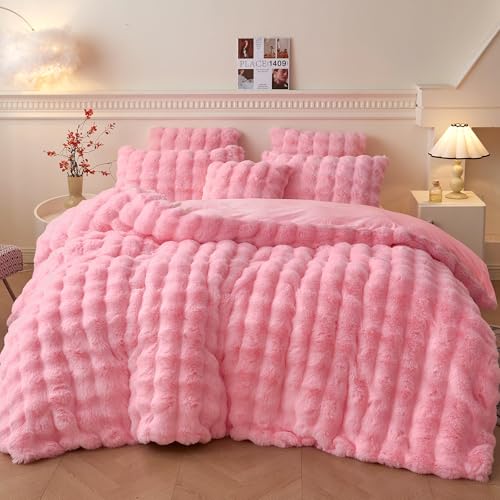 LIFEREVO Fluffy Faux Rabbit Fur Duvet Cover Set, Cute Plush Shaggy Bubble Waffle Bedding Set Adult Girls Kids Teens, 1 Fuzzy Bed Comforter Cover + 2 Furry Pillowcases, Zipper Closure, Pink, Queen Size