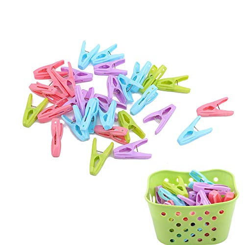 FABSELLER Lot de 30 pinces à linge coupe-vent avec panier à linge, pinces à linge, pinces à linge en plastique, vert
