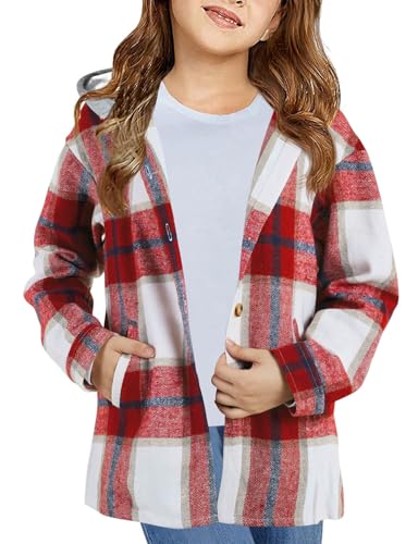 Image of Girls Cute Flannel Plaid Button Down Top with Pockets Long Sleeve Hooded Jacket
