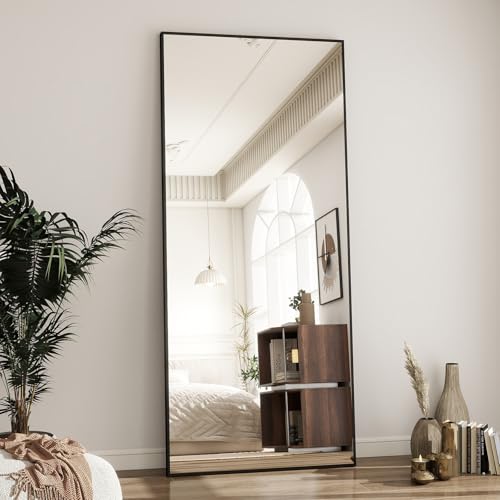 Image of BEAUTYPEAK Full Length Mirror with Stand, 65 inchx24 inch Floor Mirror with Aluminum Alloy Thin Frame, ShatterVue Tempered Full Body Mirrors, Free Standing or Wall-Mounted Mirrors for Living Room, Black