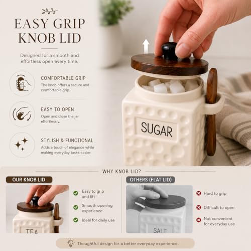 Image of The Deluxe Creations Ceramic Tea Coffee Sugar Salt Jars Set with Wooden Lid & Spoon | Premium Kitchen Storage Canisters | Airtight Containers | 500 ML Each | Set of 4