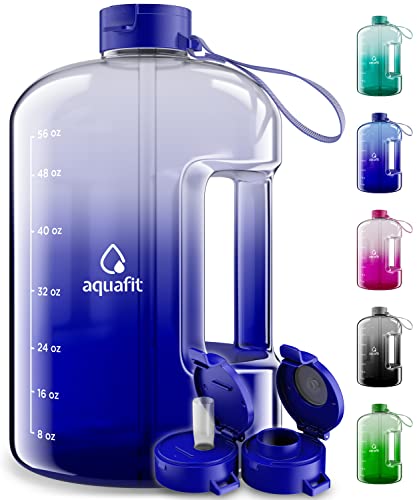 AQUAFIT Half Gallon Water Bottle with Straw Half Gallon Water Jug Motivational Water Bottle 64 Ounce Water Bottle with Time Marker Large Water Bottle Big Water Bottle 1/2 Gallon Water Jug Big Water Jug Dark Blue Fade