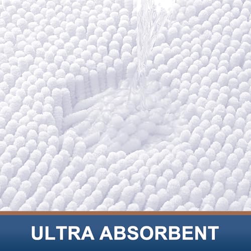 Smiry Luxury Chenille Bathroom Rugs 59x24, Extra Soft and Absorbent Shaggy Bath Mat, Machine Washable, Non-Slip Plush Carpet Runner for Tub, Shower, and Floor, Home Decor Accessories, White