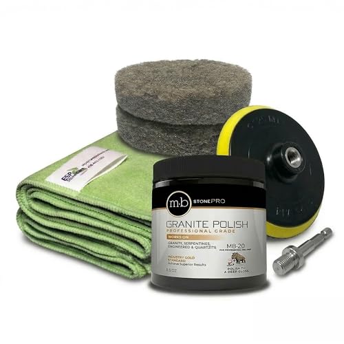 MB-20 Granite Polishing Kit Professional Grade Stone Restoration Bundle Includes 8.5oz Polishing Cream 2x Hogs Hair Pads Backing Plate with Drill Adapter & 2x Microfiber Towels