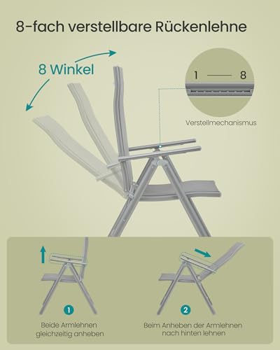 SONGMICS Gartenstuhl 2er Set, Klappstuhl, Outdoor-Stuhl, mit Metallgestell, 8-fach verstellbare Rückenlehne, bis 150 kg belastbar, grau GCB29GY