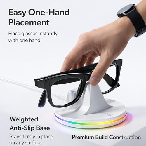 Image of RGB Charging Dock for Meta Ray-Ban Gen1 Gen2 Smart Glasses Wayfarer, Skyler, Headliner & Oakley HSTN Smart Glass Charger Stand with LED Power Status Light (White)