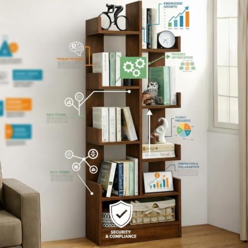 Image of Wooden Bookshelf for Living Room | 8-Tier Bookcase Storage Organizer | Multipurpose Display Shelf for Books, Plants & Decor | Freestanding Engineered Wood Book Rack for Home, Office & Bedroom