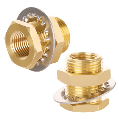 KOOTNAS 2-Pack Solid Brass Bulkhead Fittings 1/2 NPT Taper Female 1 Straight Male Thread Brass Connector with Metal Wave Ring 1.5 Length for Water Tank Pipes Faucets Hoses Pipe Fittings