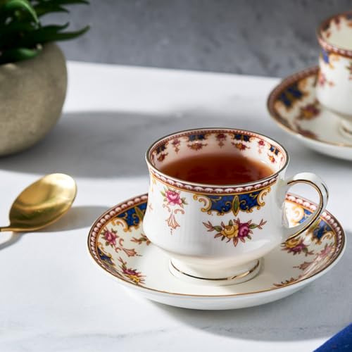 Image of GOLDEN QUEEN'S Cup & Saucer Set | Perfect for Hosting & for Tea /Coffee Lovers | Handcrafted in India, Inspired by Florals & 24-Carat Gold Rim | 6 Cups & 6 Saucers |170 ml (Blush & Blue Cascade)