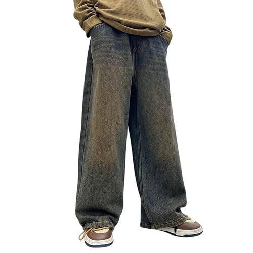 Boys Fleece Jeans Wide Straight Leg Denim Pants Casual Elastic Waist Trousers Loose Fit Stretch Winter Warm Pants