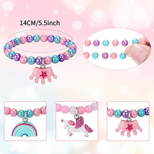 Unicorn Bracelet Ring Set - Rainbow Bracelet Shiny Crown Bracelet For Toddler Girls - Little Girl Jewel Rings Set Girl Pretend Play And Dress Up Rings #TOP2