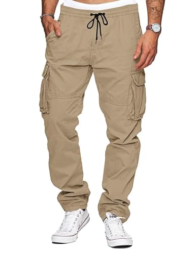 TARAINYA Pantalon Cargo Homme Coton Baggy Chino Cordon de Serrage avec Poches Kaki foncé L