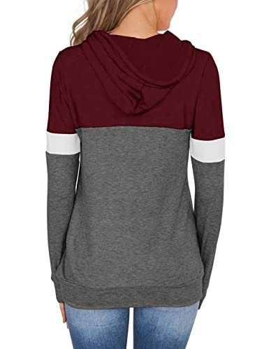 Pinkmstyle Hoodies For Teen Girls Color Block Sweatshirt Hooded Womens Long Sleeve Tops Blouse With Pocket Burgundy Medium #TOP3