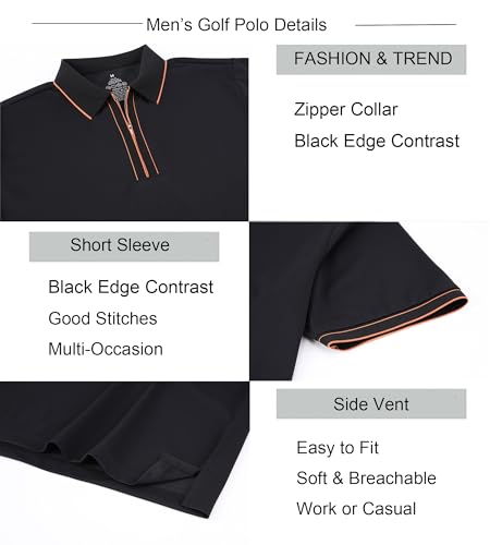 Alex Vando Mens Zipper Golf Shirt Moisture Wicking Zip Up Solid Fashion Polo Shirts