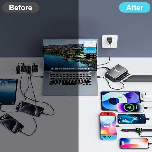 Image of TECHBLAZE 320 W GaN 3 Super Fast Charger Adapter, 8-Port (4 USB A+ 4 Type- C) with PD Technology, Universal for iPhone, Android, MacBook, Type-C Laptops, Compact Multi-Device Charging Solution.