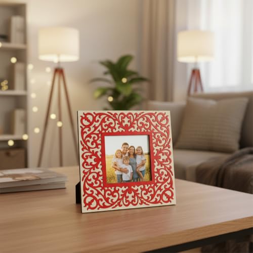 Image of Square Photo Frame 23 x 23 cm Wooden Decorative Picture Frame with Floral Laser Cut Border, Clear Acrylic Front, Wall & Tabletop Photo Frame for Home Decor, Birthday, Anniversary & Baby Photo Gift