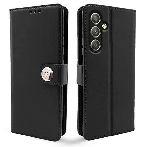 Image of Pikkme Samsung Galaxy A34 5G Flip Cover Leather Finish | Inside TPU with Card Pockets | Wallet Stand and Shock Proof | Complete Protection Button Flip Case (Black)