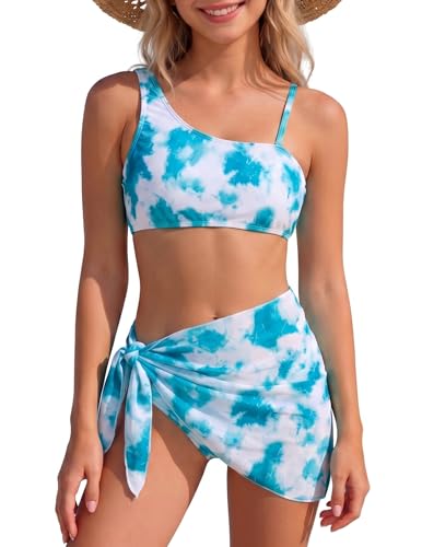 Kdwdvbn Bathing Suits for Teen Girls, Summer Tie Dye 3 Piece Swimsuit Bikinis Set with Beach Mesh Skirt, Lake Blue, 15-16 Years