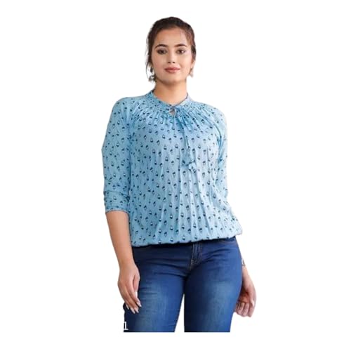 Image of Himanshi Enterprises Women's Traditional Casual 3 /4 Sleeves Mandarin Nack Rayon Floral Printed Short Kurti