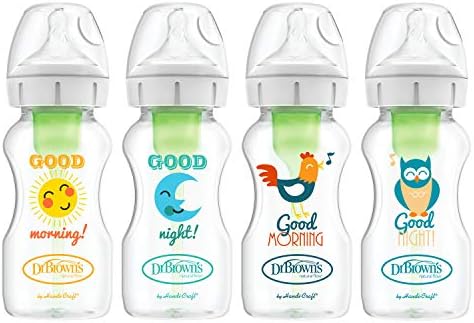 Dr. Brown's Natural Flow Anti-Colic Options+ Wide-Neck Baby Bottles, 9 oz/270 mL, with Level 1 Slow Flow Nipple, 4 Pack Good Morning/Good Night Gift Set