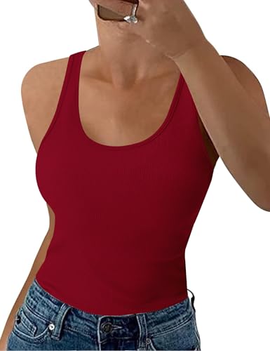 Aottori Red Vest Tops Women UK Summer Ribbed Vest Top Ladies Sleeveless Cotton Slim Fitted Stretch Basic Cami Camisole Red XL