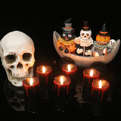 Image of Halloween Black Votive Candles Battery Operated with Long Lasting CR2450 Batteries, LED Flameless Flickering Candles with 6H Timer, 6Pcs Black and Red Drip Wax Candle Gothic Home Decor