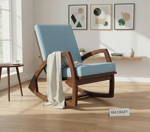 Image of Solid Sheesham Wood Rocking Chair for Living Room - Upholstered Relaxing Chair - Wooden Rocking Chair for Adults for Home Outdoor Indoor (Walnut, Cyrus)
