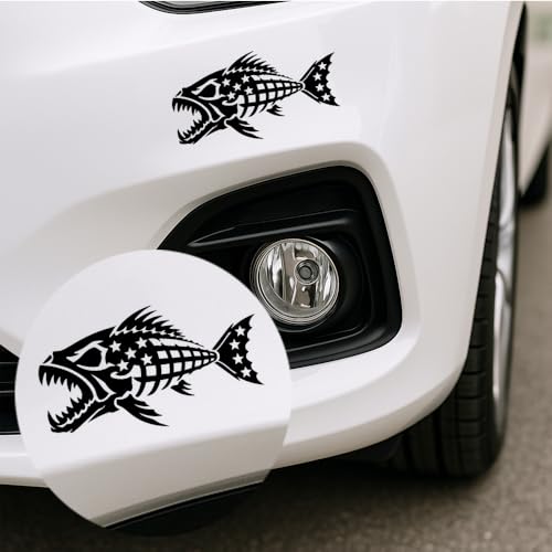 Image of 2Pcs - No Background - Waterproof Car Sticker Decal of Patriotic American Flag Fishing Bone Fish Design for Outdoor Enthusiasts and Nature Lovers (Black, 6.8'' x 3.8'') |k19952BL