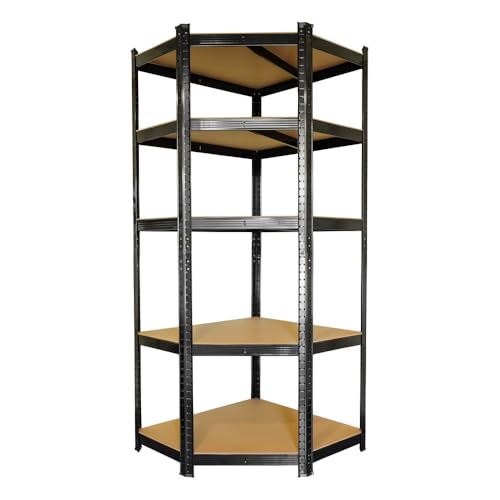 Étagère d'angle noire charges lourdes - en métal 5 plateaux - 875 Kg - 180x75x40cm - Étagère de coin - Garage atelier cave