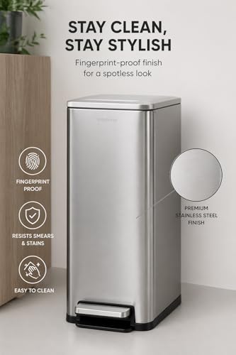 Image of Step N' Sort Slim Dual Recycling Bin 43L (2 x 21.5L) - Soft Close Kitchen Trash Can - Space Saving Stainless Steel - Removable Buckets