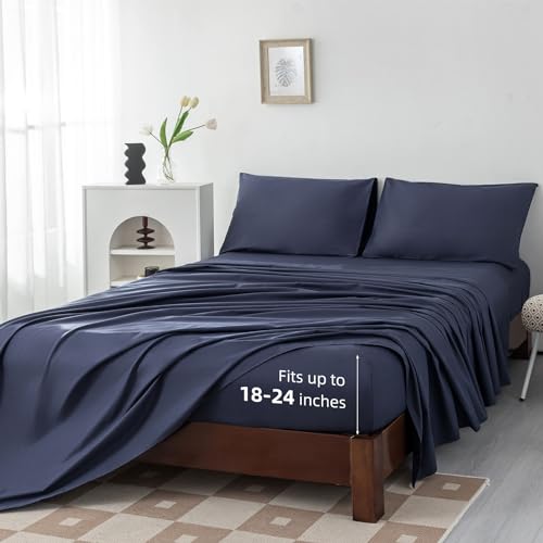 Photo 1 of 100% Egyptian Cotton Sheets Full Size Set 18"-24" Extra Deep Pocket Full Sheets Set Soft Breathable Cooling 4Pcs Bed Sheets with 1 Flat Sheet