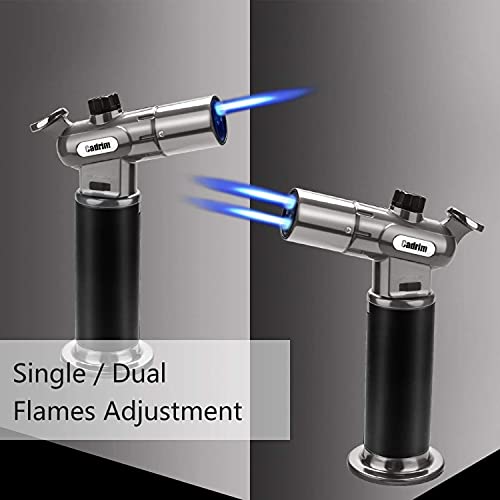 Cadrim Kitchen Blow Torch 1300°C Dual Flame Adjustable Refillable Butane Chef Tool Cooking Blowtorch Lighter Mini Adjustable Flame with Lock BBQ Baking Creme Brulee Crafts Soldering (Gas Not Included)