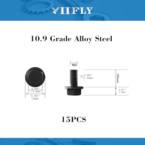 Image of M8 x 20mm Flanged Hex Head Bolts Flange Hexagon Screws, M8x1.25 Bolt,10.9 Grade Alloy Steel, Hexagon Head Bolts, Black Zinc Finish, Full Thread,Quantity 15