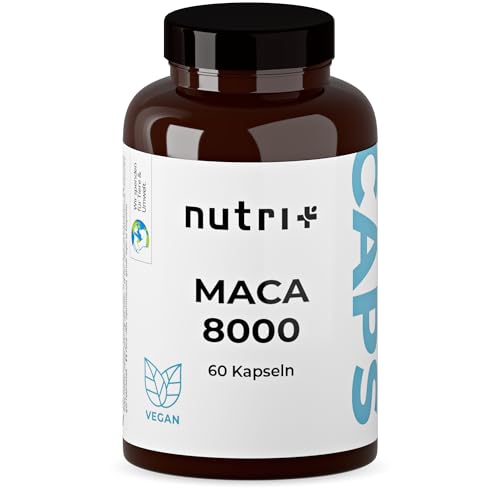 Nutri + Maca Kapseln Gold 8000 - hochdosiert + vegan - Original 20:1 Premium Extrakt (Root Powder) - 60 Maca Caps - laborgeprüft für Männer & Frauen
