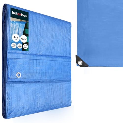 KOTARBAU® Telo Impermeabile Esterno - Polietilene - 4 x 8 m - Blu - 75 g/m² - Telo Sotto Piscina Fuori Terra - Copertura con Occhielli - Telone Robusto - Copertura Esterna - Telone da Giardino